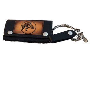 Vintage Black and Brown Leather Wallet with Chain and Clip with Horse Design